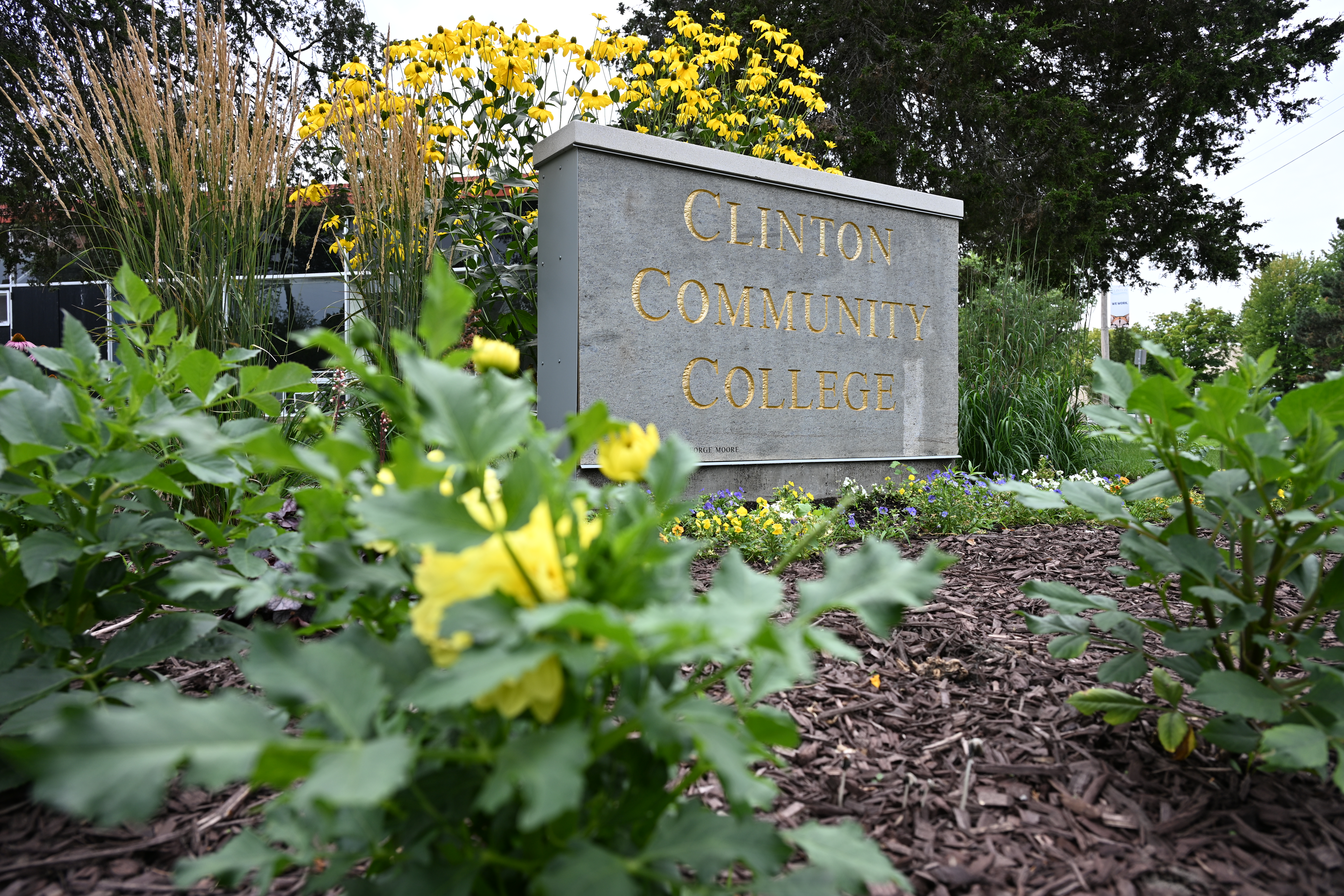 Clinton Community College sign near a bed of flowers